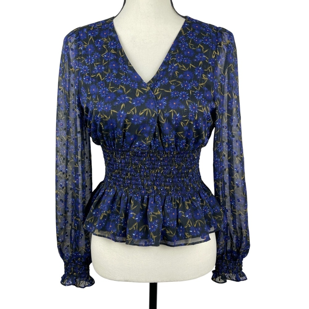 BB Dakota Steve Madden Women's Top Small Blue Floral Smocked Peplum Blouse NWT